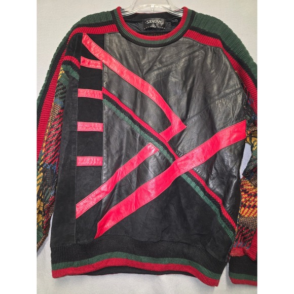 Mens Saxony Sz L Patchwork Knit Cosby Sweater Geometric Pattern Multicolor